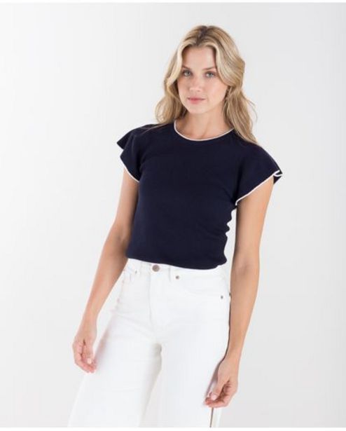 Oferta de Camiseta tejida para mujer azul manga corta con volantes por $97930