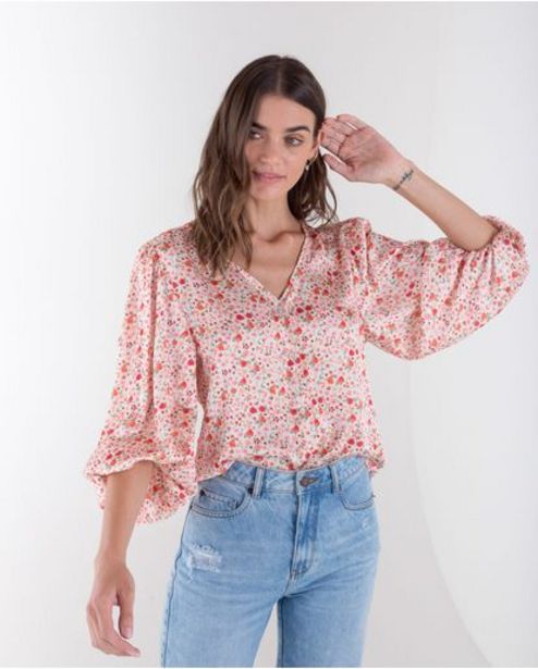 Oferta de Camisa para mujer cruda manga larga con estampado floral y mangas exageradas por $149900