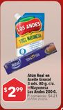 Oferta de Atún Real en aceite girasol 3 uds 80g c/u + mayonesa Los Andes 200g por $2,99 en Tia
